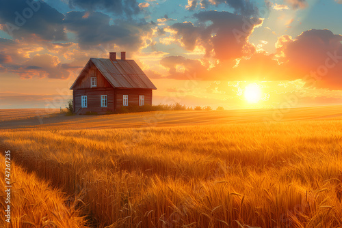 Fototapeta Naklejka Na Ścianę i Meble -  A rustic farmhouse with a golden wheat field and colorful sunset prairie.