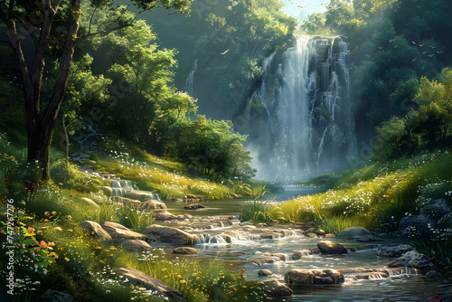 A tranquil meadow with a gentle stream and cascading waterfall surrounded by greenery.