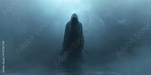 Grim Reaper's Arrival: A Hooded Figure with a Scythe Emerging from the Mist.