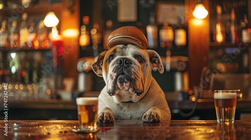English bulldog with a glass of beer in a pub © ventilua