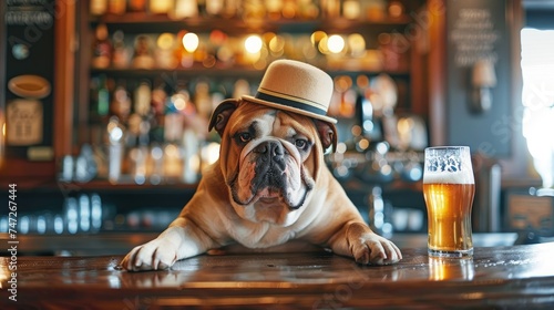English bulldog with a glass of beer in a pub