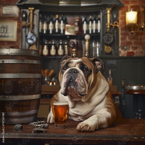 English bulldog with a glass of beer in a pub © ventilua