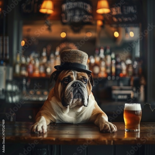 English bulldog with a glass of beer in a pub