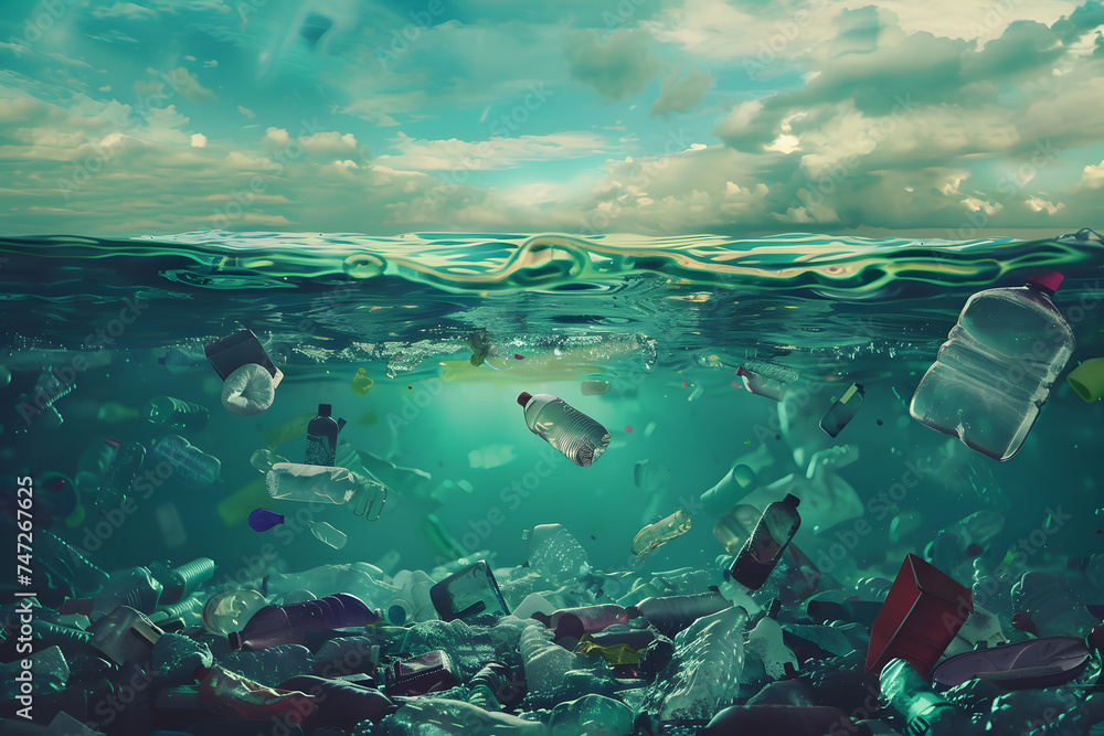 Verschmutztes Paradies: Müll im/am Meer als Warnung vor Umweltverschmutzung - obrazy, fototapety, plakaty 