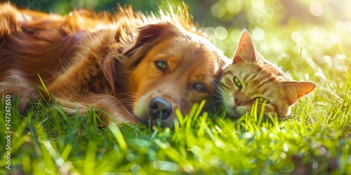 dog and cat lie on the grass Generative AI © Evghenii