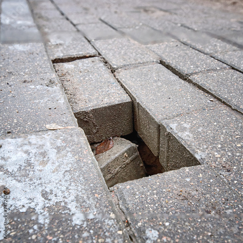 Hole in paving slabs after winter season. Destruction of the pavement. Damaged paved road, sidewalk with potholes. Selective focus..