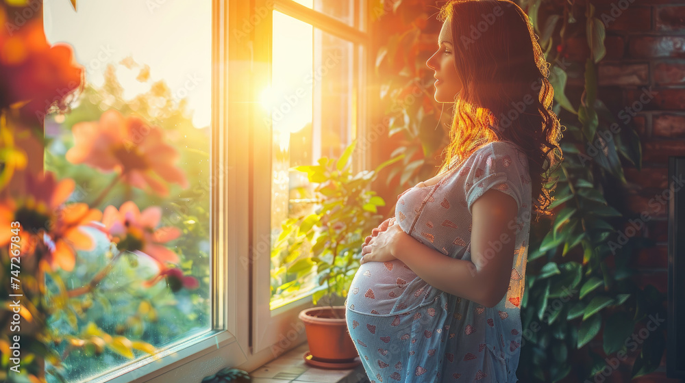 Portrait of young calm pregnant woman standing near window holding hands on her belly - obrazy, fototapety, plakaty 