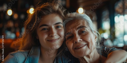 adult daughter hugs her elderly mother Generative AI