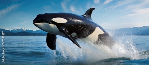 A black and white orca is seen leaping high out of the water  showcasing its stunning agility and power. The whales massive body is fully visible against the contrast of the sky  creating a striking