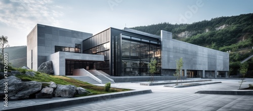 A modern factory building made of slate and schist materials, showcasing efficiency in cement manufacturing. Stairs leading up to the entrance indicate accessibility and functionality for workers and photo