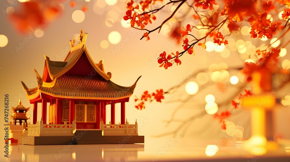 A peaceful Buddhist temple adorned with red and gold for the New Year, love and creativity with copy space A peaceful Buddhist temple adorned with red and gold for the New Year, love and creativity with copy space