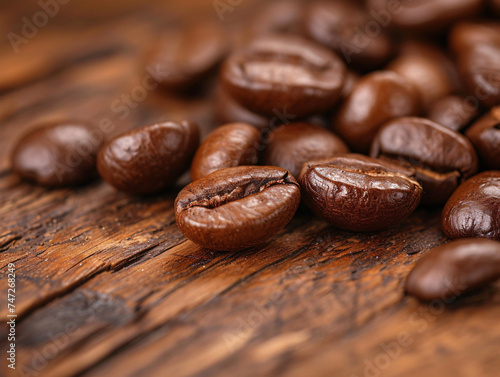A close-up of a pile of coffee beans scattered on a rustic wooden table. The rich brown color of the beans contrasts with the warm tones of the wood.