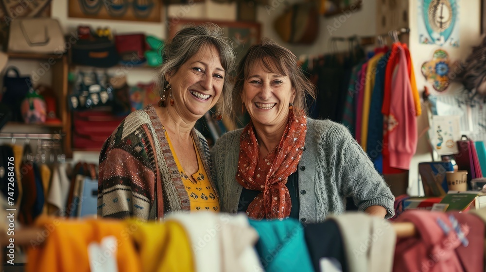Fototapeta premium Two happy businesswomen smiling while working in a thrift store. Female entrepreneurs running an e-commerce small