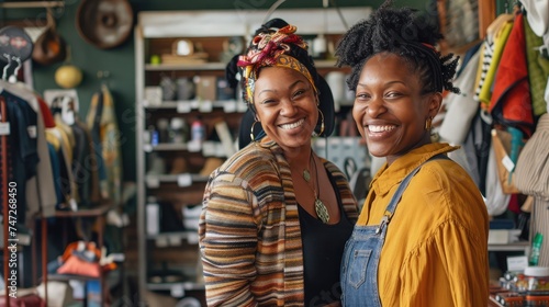 Two happy businesswomen smiling while working in a thrift store. Female entrepreneurs running an e-commerce small © buraratn