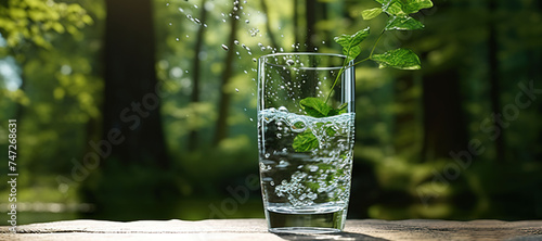 fresh clear mineral water in a glass with forest background 116