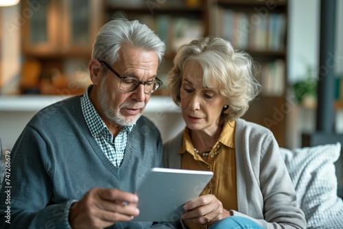 An elderly couple focused on a digital tablet  possibly managing finances or connecting with family  reflecting technology use among seniors.