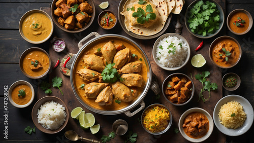 A top view of a meticulously prepared Chicken Korma reveals layers of complex flavors and textures, creamy sauce on a dark wooden table, the dish is framed by an assortment of vibrant Indian condiment
