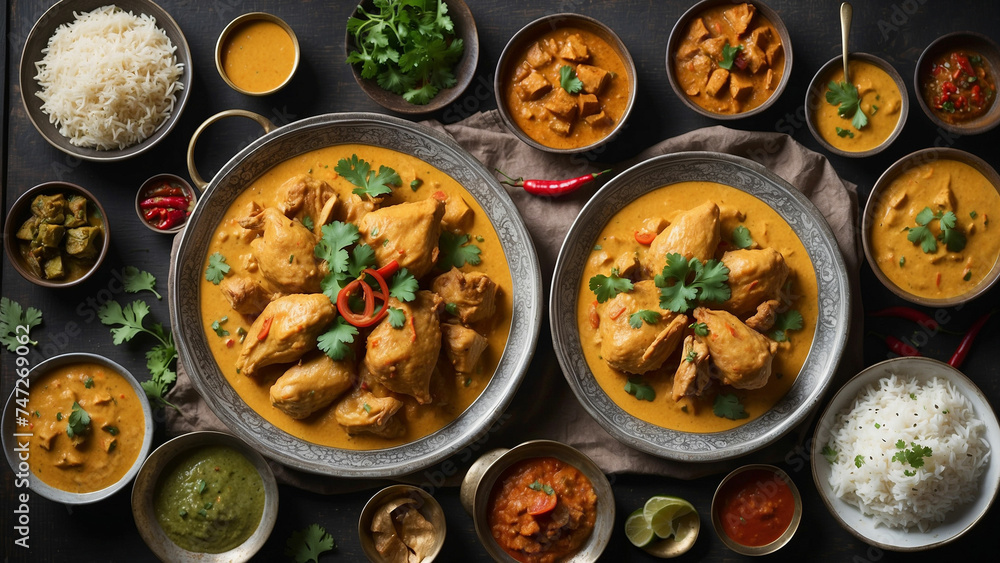A top view of a meticulously prepared Chicken Korma reveals layers of complex flavors and textures, creamy sauce on a dark wooden table, the dish is framed by an assortment of vibrant Indian condiment A top view of a meticulously prepared Chicken Korma reveals layers of complex flavors and textures, creamy sauce on a dark wooden table, the dish is framed by an assortment of vibrant Indian condiment