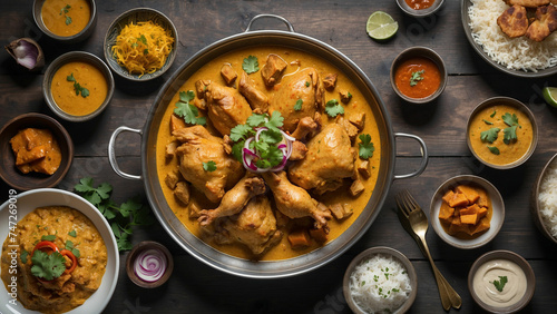 A top view of a meticulously prepared Chicken Korma reveals layers of complex flavors and textures  creamy sauce on a dark wooden table  the dish is framed by an assortment of vibrant Indian condiment