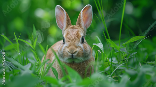 Vigilant rabbit peeks through vibrant green leaves, blending into nature's backdrop. © Old Man Stocker