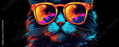 Cool vivid cat head in sun glasses on dark or black background