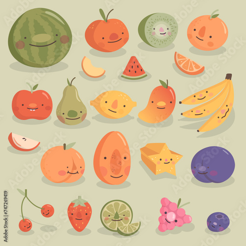 Collection of fruit tropical healthy flat style cute fruit characters  adorable citrus berry faces with noses kawaii pastel