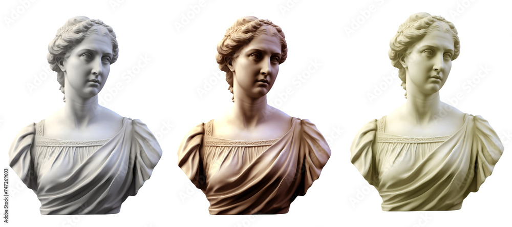 Obraz premium Set of marble busts of a Roman women on a transparent background. An ancient sculpture of a young woman.