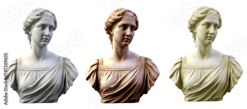 Set of marble busts of a Roman women on a transparent background. An ancient sculpture of a young woman.