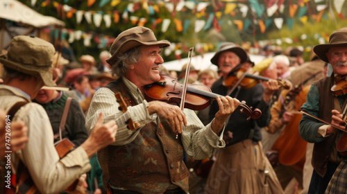 Traditional Irish music is played with fiddles and tin whistles filling the air while people dance and sing along. © Justlight