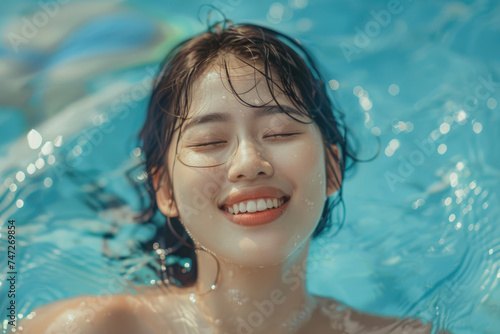 Young happy Asian woman relaxing with eyes closed in swimming pool © Kien