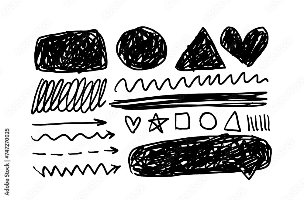 Charcoal graffiti doodle punk and grunge shapes collection. Hand drawn ...