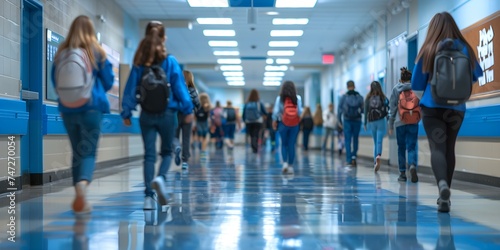 Students hurriedly walking through crowded school hallway in motion blur centered professional photo copy space. Concept Education, School Life, Motion Blur, Busy Environment, Student Activities