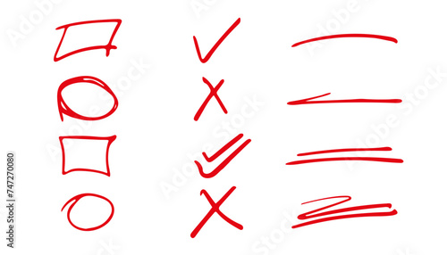 Hand drawn check mark and brush lines, red marker, check mark, underline stroke. Vector illustration hand drawn circles, underlines, check marks collection photo