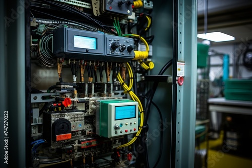 Close-Up Image of a Frequency Converter Amidst the Bustle of an Industrial Machinery Environment