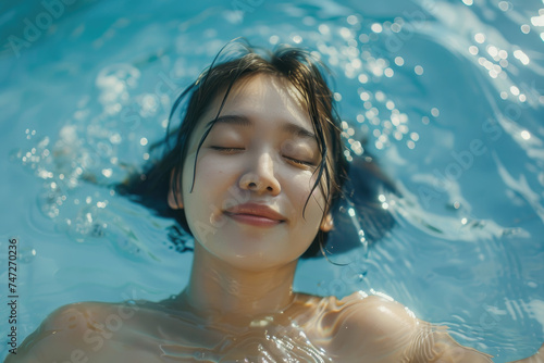 Young happy Asian woman relaxing with eyes closed in swimming pool
