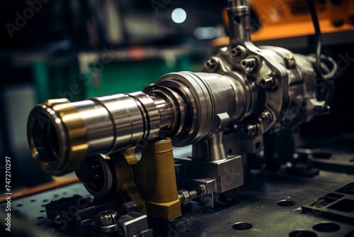Detailed view of a diesel injector amidst various mechanical parts in a bustling industrial workspace