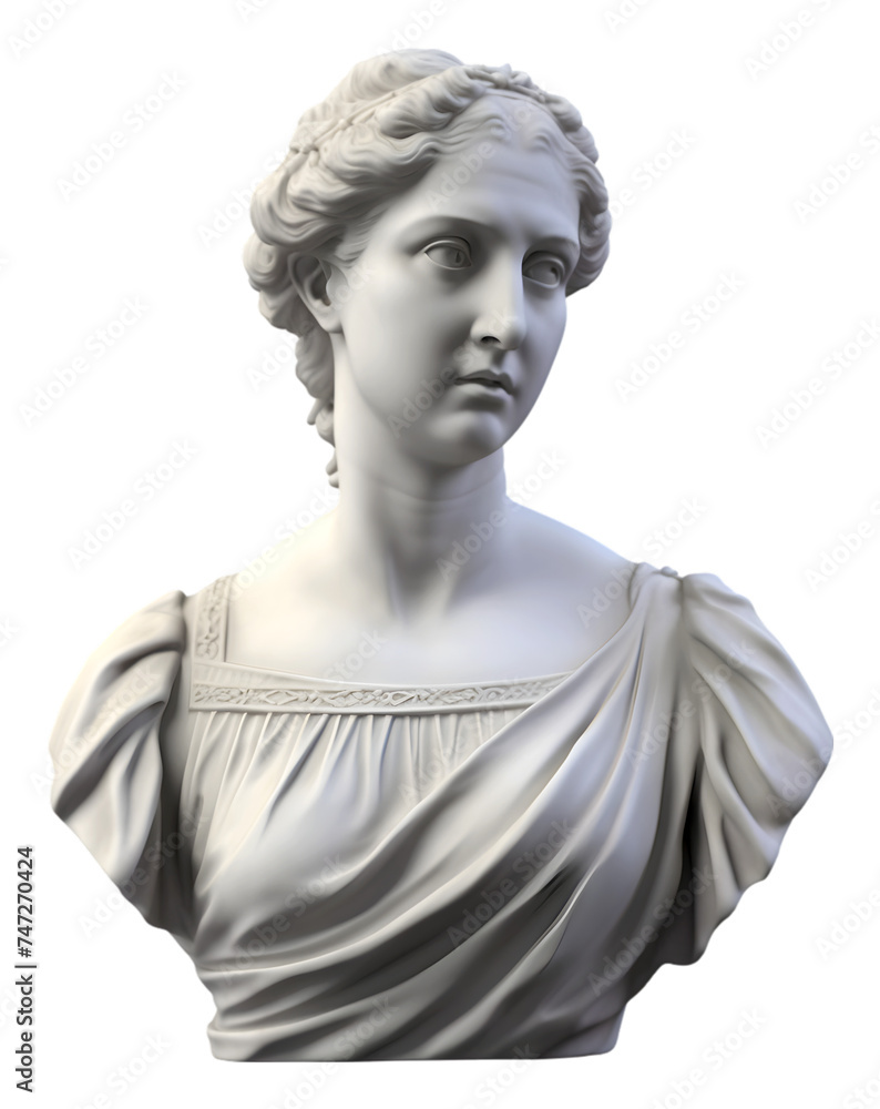 Marble bust of a Roman woman on a transparent background. An ancient sculpture of a young woman.