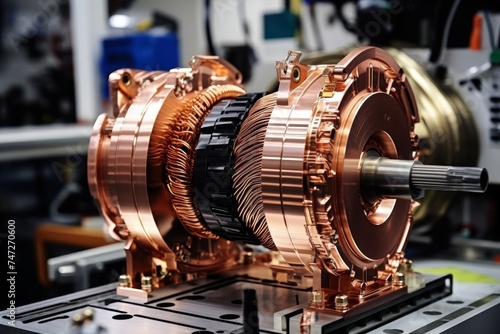 Detailed view of an electric motor core amidst the hustle and bustle of a modern manufacturing facility photo