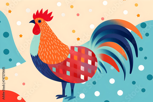 A colorful cartton illustration of a rooster. Vibrant Rooster Painting on Blue Background. Generative AI. photo