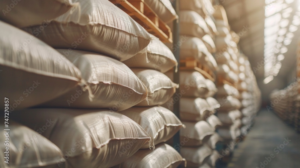 Warehouse with bags of corn and rice or sugar in distribution center bag corn storage facility - obrazy, fototapety, plakaty 