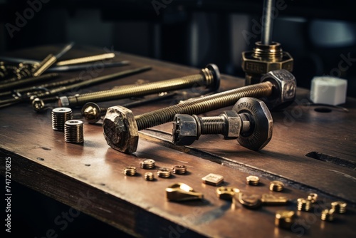 Detailed Shot of a Gleaming Brass Screw Amidst Assorted Industrial Tools on an Old Wooden Bench