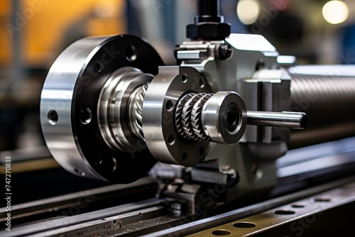 Detailed image of a ball screw set amidst the high-tech machinery of an active factory photo