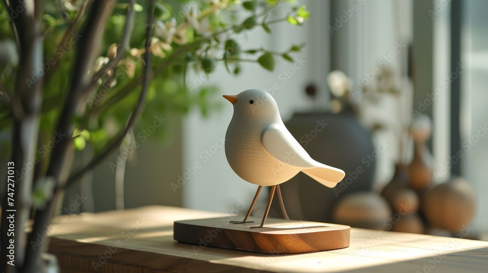 Wooden bird figurine on table in living room, closeup - obrazy, fototapety, plakaty 