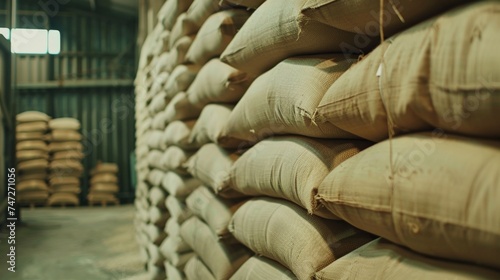 Warehouse with bags of corn and rice or sugar in distribution center bag corn storage facility