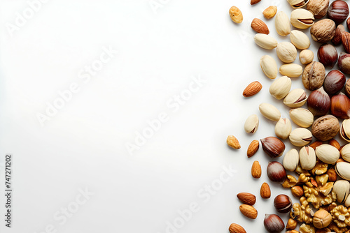 Variety of nuts including almonds, walnuts, and pistachios arranged neatly on a white surface