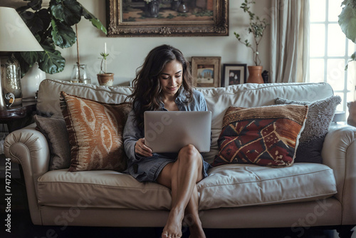 Comfortable woman sits on her laptop in her home relaxed © Charlie