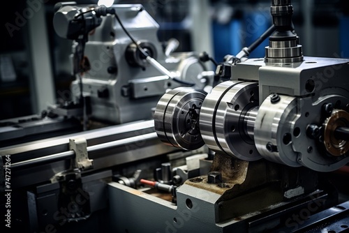 Detailed perspective of a lathe tailstock amidst the hustle and bustle of an active industrial workshop