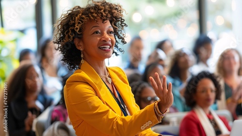 Smiling Black Woman in Yellow Jacket at a Conference Generative AI