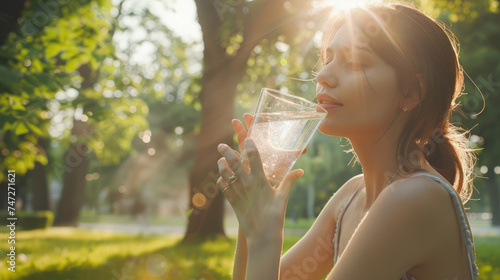 young woman enjoying a glass of water to hydrate herself with fresh air of a park photo