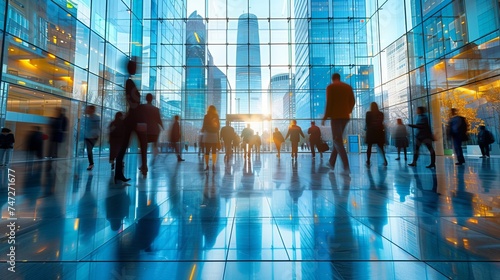 A long exposure shot capturing a crowd of business people in motion, walking through a lit office building space. The blurred movement conveys a sense of energy and activity